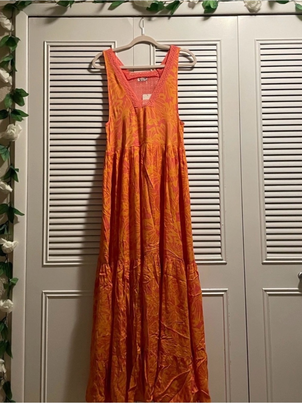 Free People Orange Floral Tier Maxi Dress with Crochet Trim NWT